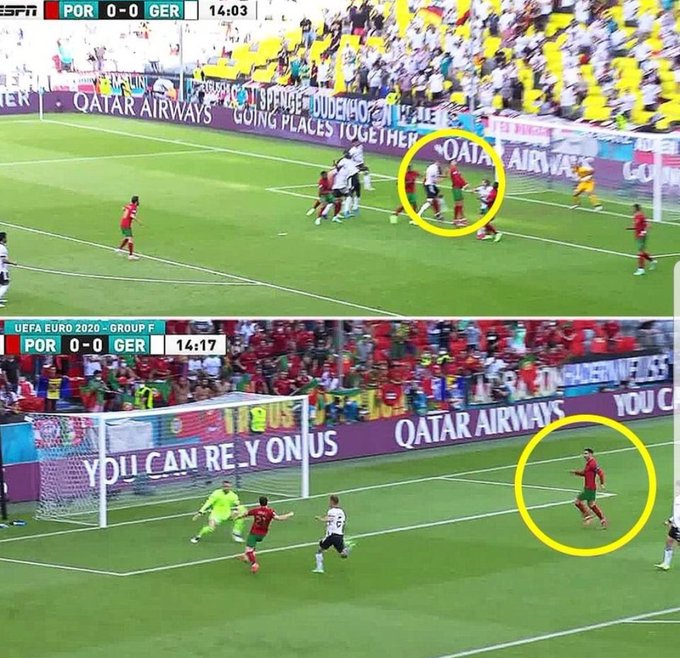 ماذا فعل رونالدو قبل هدفه في مباراة البرتغال وألمانيا